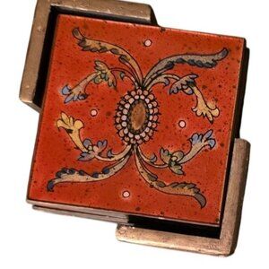 4 Vintage Coasters Square Floral Gold French Country & Holder 4x4 Inches